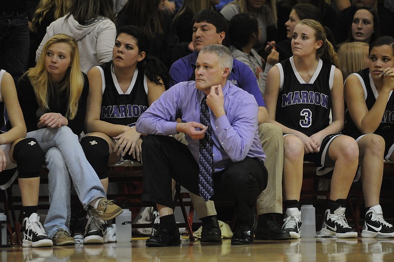 Feb 4, 2011--Marion County coach Randy Ellis watches the game against Whitwell at Whitwell High School in this file photo.
