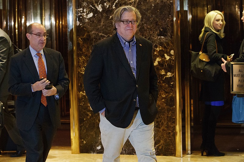 
              FILE - In this Friday, Nov. 11, 2016, file photo, Stephen Bannon, campaign CEO for President-elect Donald Trump, leaves Trump Tower in New York. Trump on Sunday named Republican Party chief Reince Priebus as White House chief of staff and conservative media owner Bannon as his top presidential strategist, two men who represent opposite ends of the unsettled GOP. (AP Photo/Evan Vucci, File)
            