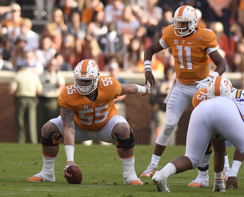 Coleman Thomas (55) played well at both center and right guard in Tennessee's victory Saturday against Kentucky.