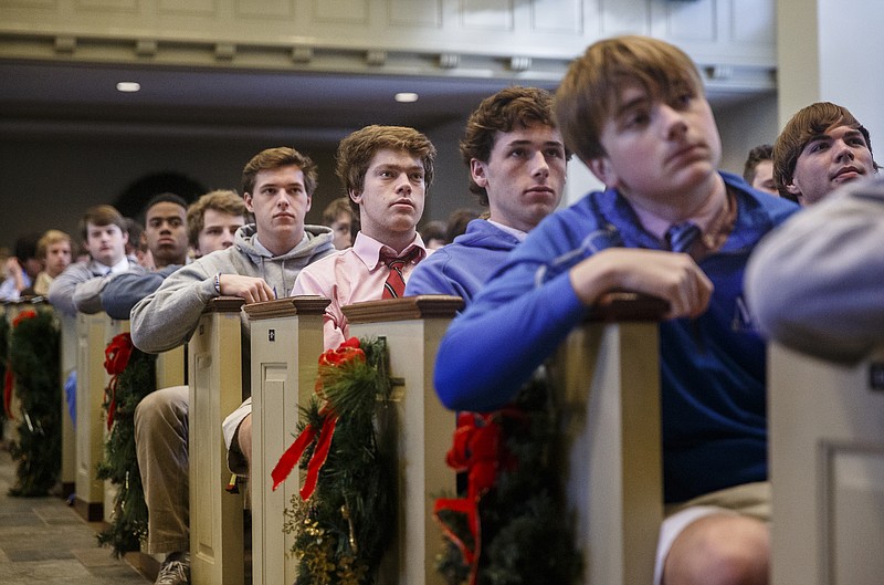 Students listen as Dr. Steve Perry, founder of Capital Preparatory Magnet School in Hartford, Conn., speaks in the chapel of McCallie School on Wednesday, Nov. 16, 2016, in Chattanooga, Tenn. Dr. Perry spoke to the crowd of private school students and faculty about privilege and responsibility.