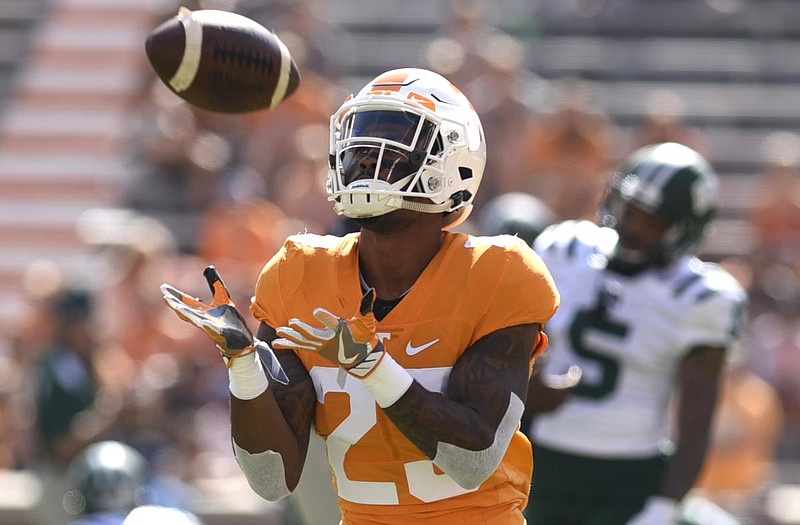 Cameron Sutton (23) practices catching punts.  The Ohio University Bobcats visited the University of Tennessee Volunteers at Neyland Stadium in a non-conference NCAA football game on Saturday September 17, 2016. 