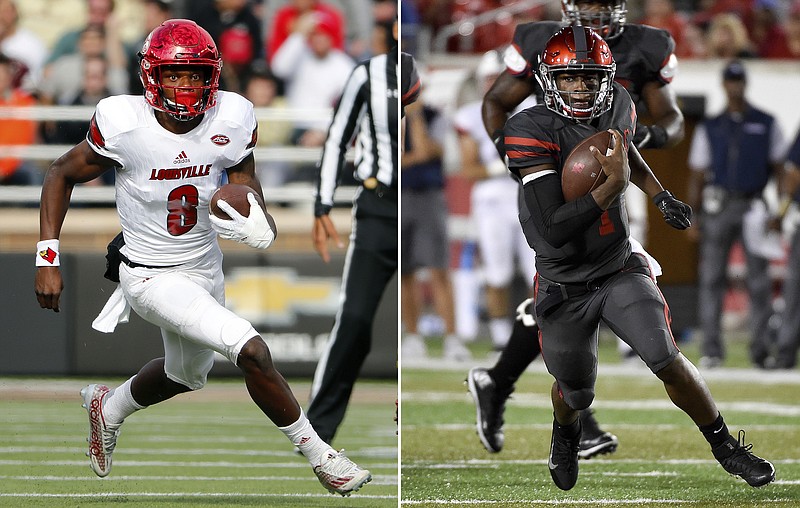
              FILE - At left, in a Nov. 5, 2016, file photo, Louisville quarterback Lamar Jackson runs during the first half of an NCAA football game against the Boston College at Alumni Stadium in Boston, Mass. At right, in a Sept. 29, 2016, file photo, Houston quarterback Greg Ward Jr. (1) runs past the Connecticut defense en route to a 30-yard touchdown in the first half of an NCAA college football game, in Houston. No. 3 Louisville (9-1) is in the hunt for a spot in the College Football Playoff as the Cardinals prepare to face Houston (8-2) on Thursday night, Nov. 17.  (AP Photo/File)
            