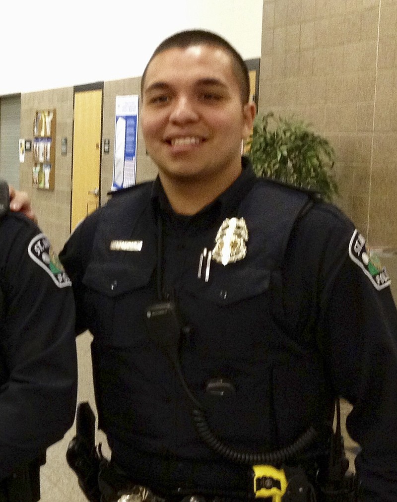 This Jan. 8, 2013, file photo provided by Christian Dobratz shows St. Anthony police officer Jeronimo Yanez outside the city council chambers in St. Anthony, Minn. Prosecutors announced Wednesday, Nov. 16, 2016, that Yanez, the officer who fatally shot Philando Castile during a traffic stop on July 6, 2016, in Falcon Heights, Minn., has been charged with second-degree manslaughter in the killing. (Christian Dobratz via AP, File)