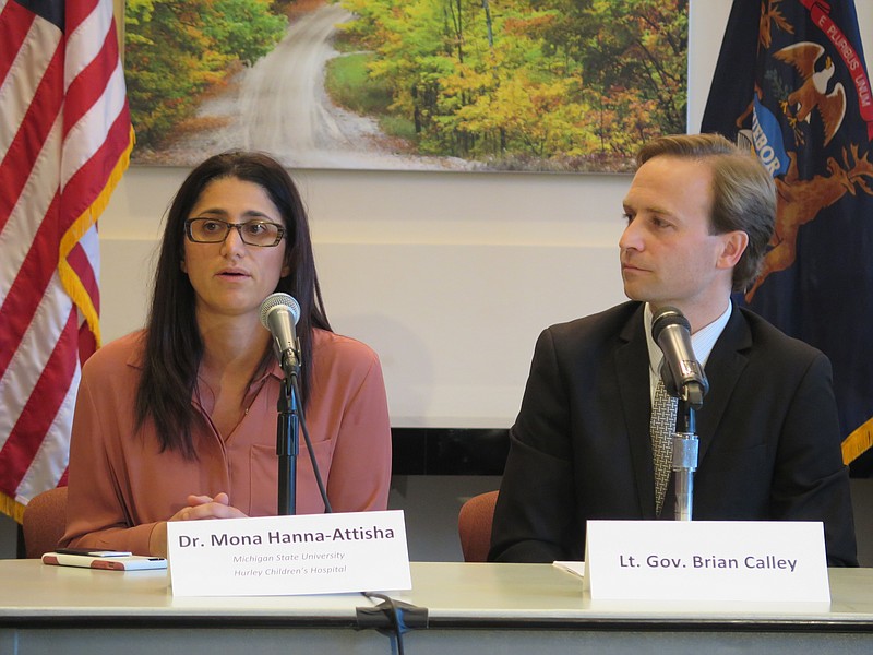 
              Dr. Mona Hanna-Attisha, who helped expose a lead crisis in the Flint, Mich., water system, and Lt. Gov. Brian Calley speak with reporters Thursday, Nov. 17, 2016, at a state building in Lansing, Mich. They sit on a board that recommended ways to eliminate child lead poisoning in Michigan. (AP Photo/David Eggert)
            