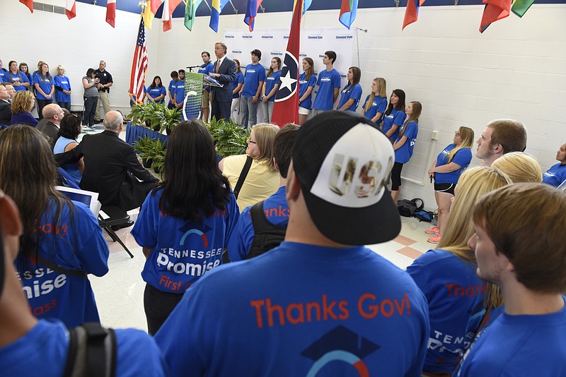 Tennessee Governor Bill Haslam speaks as he visits the Cleveland State Community College campus on Monday, Aug. 24, 2015, in Cleveland, Tenn. Monday was the first day of classes for students taking advantage of Tennessee Promise, a free tuition program. The students on stage with the governor are Tennessee Promise honor students. 