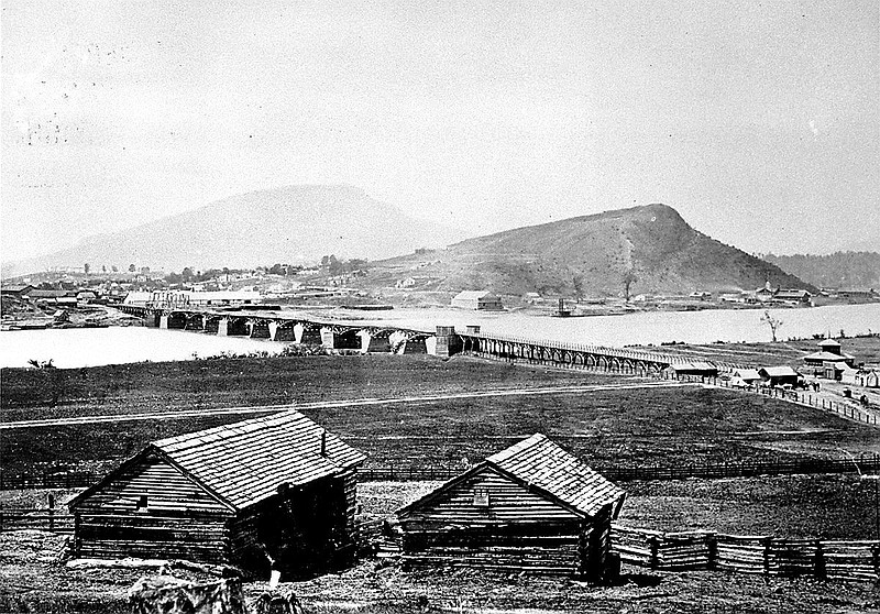 This undated photograph shows the military bridge over the Tennessee river that approaches the city of Chattanooga, Tenn. The Union Army of the Cumberland crossed the bridge during the three-day Battle of Chickamauga nearby in Sept. 1863 during the American Civil War. Lookout Mountain appears in the background. (AP Photo/George Barnard)