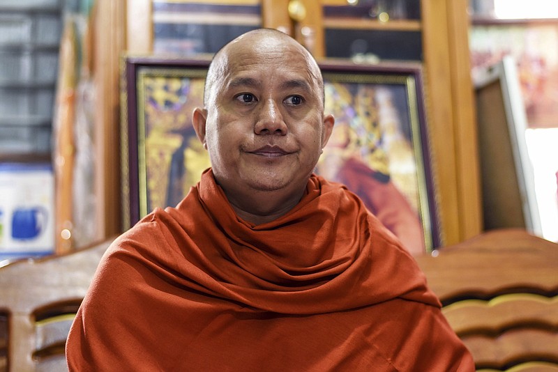 
              In this Nov. 12, 2016 photo, Ashin Wirathu, a high-profile leader of the Myanmar Buddhist organization known as Ma Ba Tha, is interviewed at his monastery in Mandalay, Myanmar. Shunned by Myanmar's new government and its Buddhist hierarchy, the nationalist monk blamed for whipping up at times bloody anti-Muslim fervor said he feels vindicated by U.S. voters who elected Donald Trump to be president. (AP Photo/Aung Naing Soe)
            