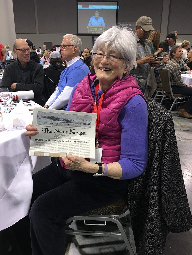 
              This March 3, 2016, photo provided by John Handeland shows Nome Nugget publisher Nancy McGuire at a banquet in Anchorage, Alaska. Handeland, her friend and a longtime former mayor of Nome, said McGuire died Thursday, Nov. 17, 2016, in Nome, Alaska, after battling cancer for years. (John Handeland via AP)
            