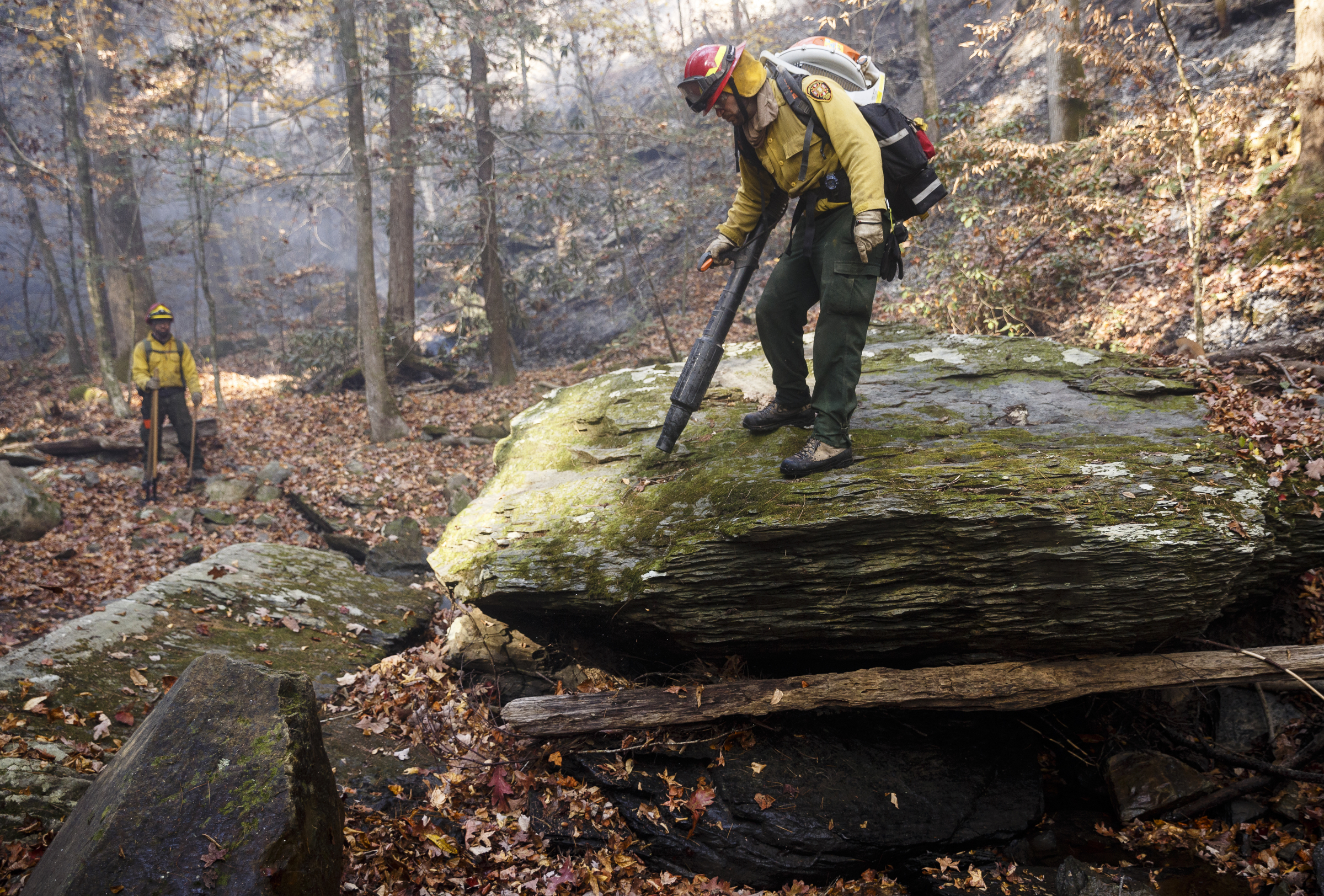 Firefighter Jonathan Flores from Puerto Rico uses a leaf blower to clear away leaves and help maintain a fire break while battling the Rough Ridge wildfire in the Cohutta Wilderness of the Chattahoochee-Oconee National Forest on Friday, Nov. 18, 2016, near Chatsworth, Ga. The wildfire, which was started by lightning in mid-October, has burned in mostly wilderness areas.