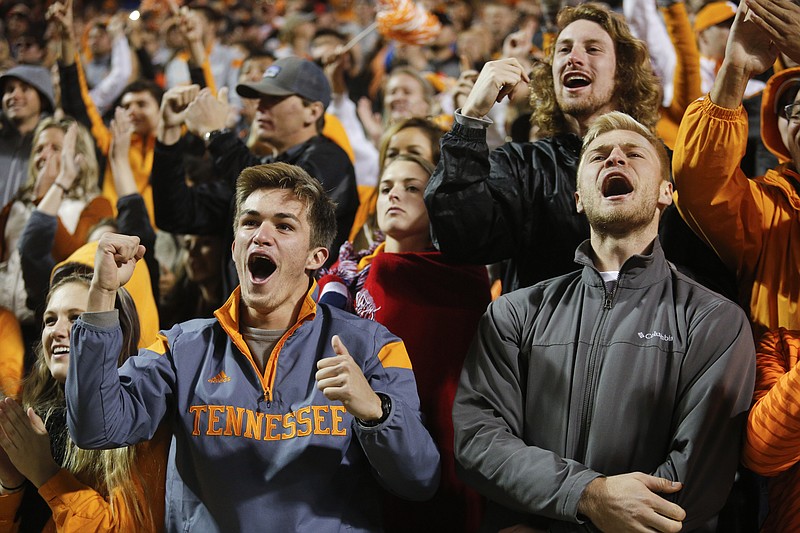 Tennessee fans cheer Joshua Dobbs's touchdown during the Vols' home football game against the Missouri Tigers at Neyland Stadium on Saturday, Nov. 19, 2016, in Chattanooga, Tenn. Tennessee won their final home game of the season 63-37.