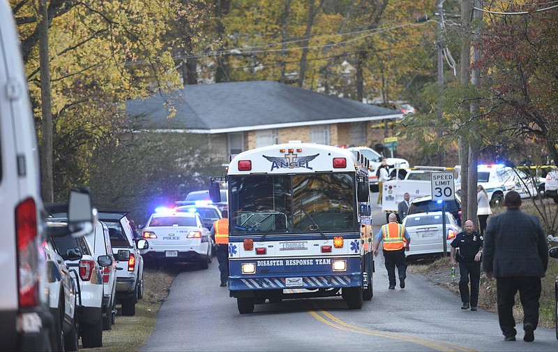A disaster response team bus arrives at the scene of a school bus wreck involving multiple fatalities on Talley Road in Chattanooga, Tenn., Monday, Nov. 21, 2016.