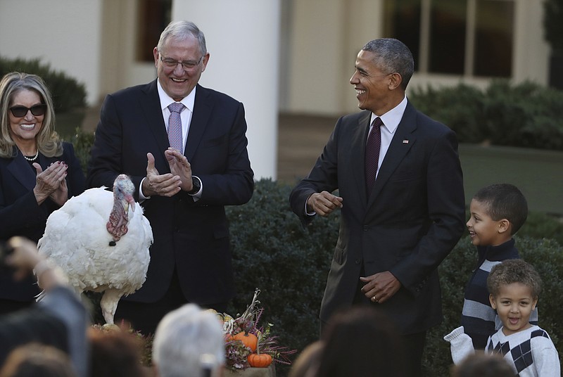 
              President Barack Obama with his nephews Aaron Robinson, bottom front, Austin Robinson and National Turkey Federation Chairman John Reicks, pardons the National Thanksgiving Turkey, Tot, Wednesday, Nov. 23, 2016, during a ceremony in the Rose Garden of the White House in Washington. This is the 69th anniversary of the National Thanksgiving Turkey presentation. (AP Photo/Manuel Balce Ceneta)
            