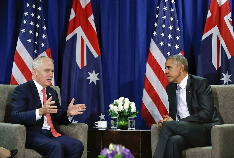 President Barack Obama, right, listens to Australia's Prime Minister Malcolm Turnbull during their meeting at the Asia-Pacific Economic Cooperation in Lima, Peru last weekend.