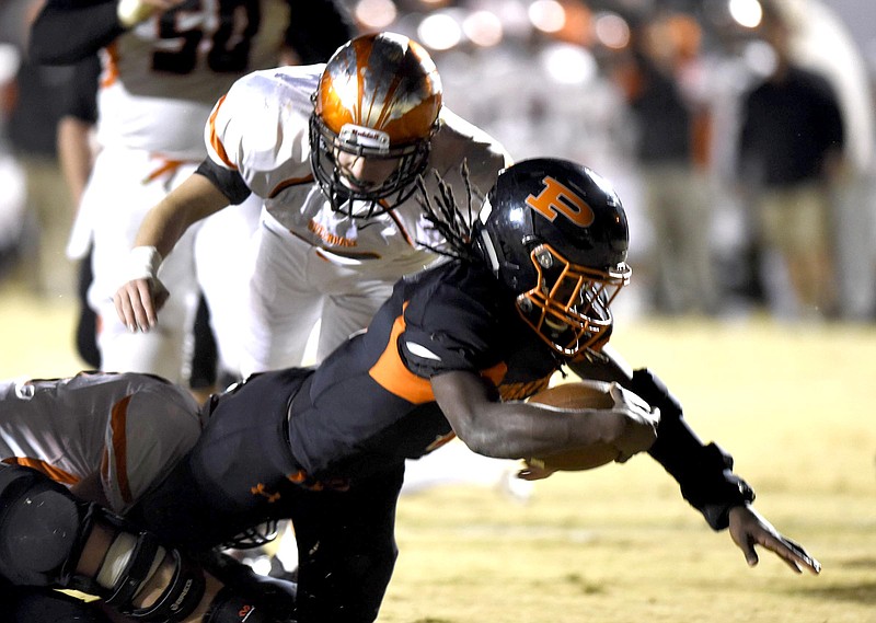 South Pittsburg's Kyree Pryor (1) lunges into the endzone for a Pirate touchdown.  The Greenback Cherokees visited the South Pittsburg Pirates in the semifinals of the TSSAA Class A foot ball playoffs on November 25, 2016.  