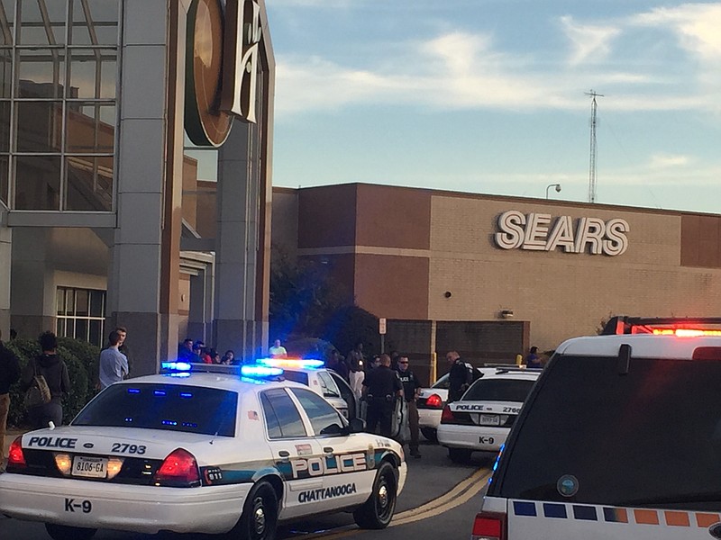 Chattanooga police officers respond to a report of a shooting Friday, Nov. 25, at Hamilton Place mall.