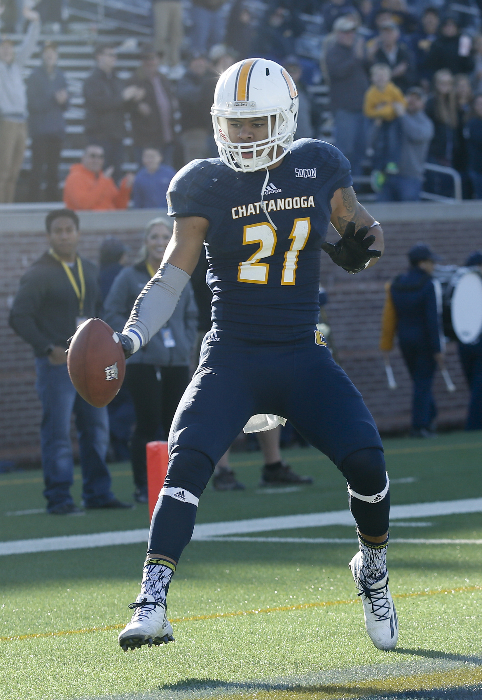 UTC defensive back Montrell Pardue (21) dances in the end zone after returning a fumbled ball for a 99 yard touchdown during the Mocs' first-round FCS football playoff game against Weber State at Finely Stadium on Saturday, Nov. 26, 2016, in Chattanooga, Tenn. UTC won 45-14.