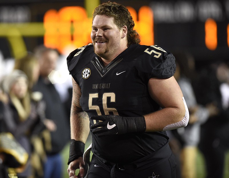 Vanderbilt senior center Barrett Gouger (56) of Soddy-Daisy takes the field fro Commodore senior day ceremonies.  The Tennessee Volunteers visited the Vanderbilt Commodores in a cross-state rivalry at Dudley Stadium on November 26, 2016.  