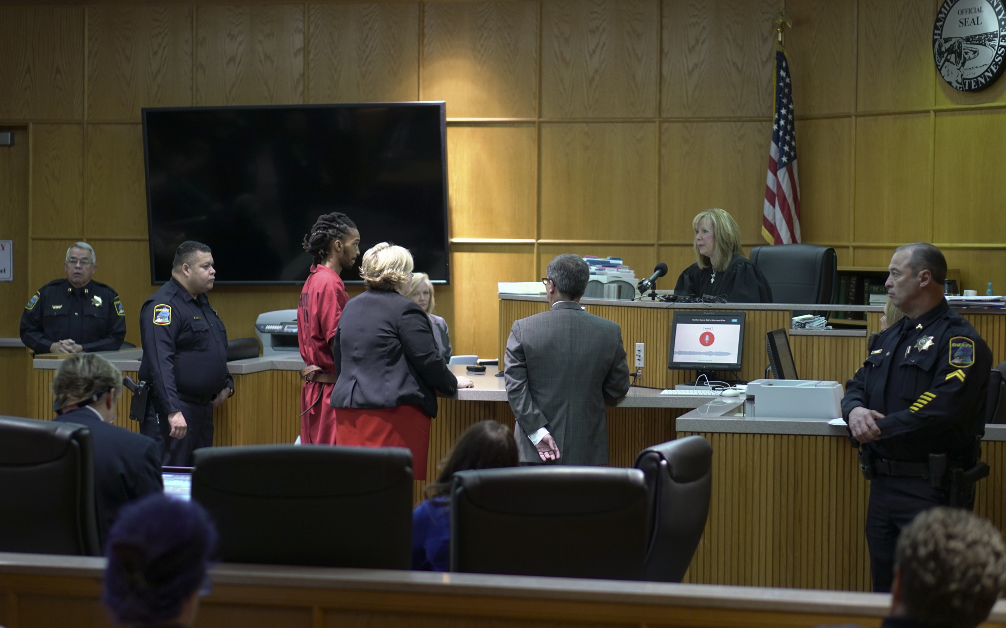 Staff Photo by Dan Henry / The Chattanooga Times Free Press- 11/29/16. Johnthony Walker, the bus driver charged in the school bus crash on Talley Road that left six children dead and others injured on November 21, makes his first appearance in Judge Lila Statom's courtroom on Tuesday, November 29, 2016.