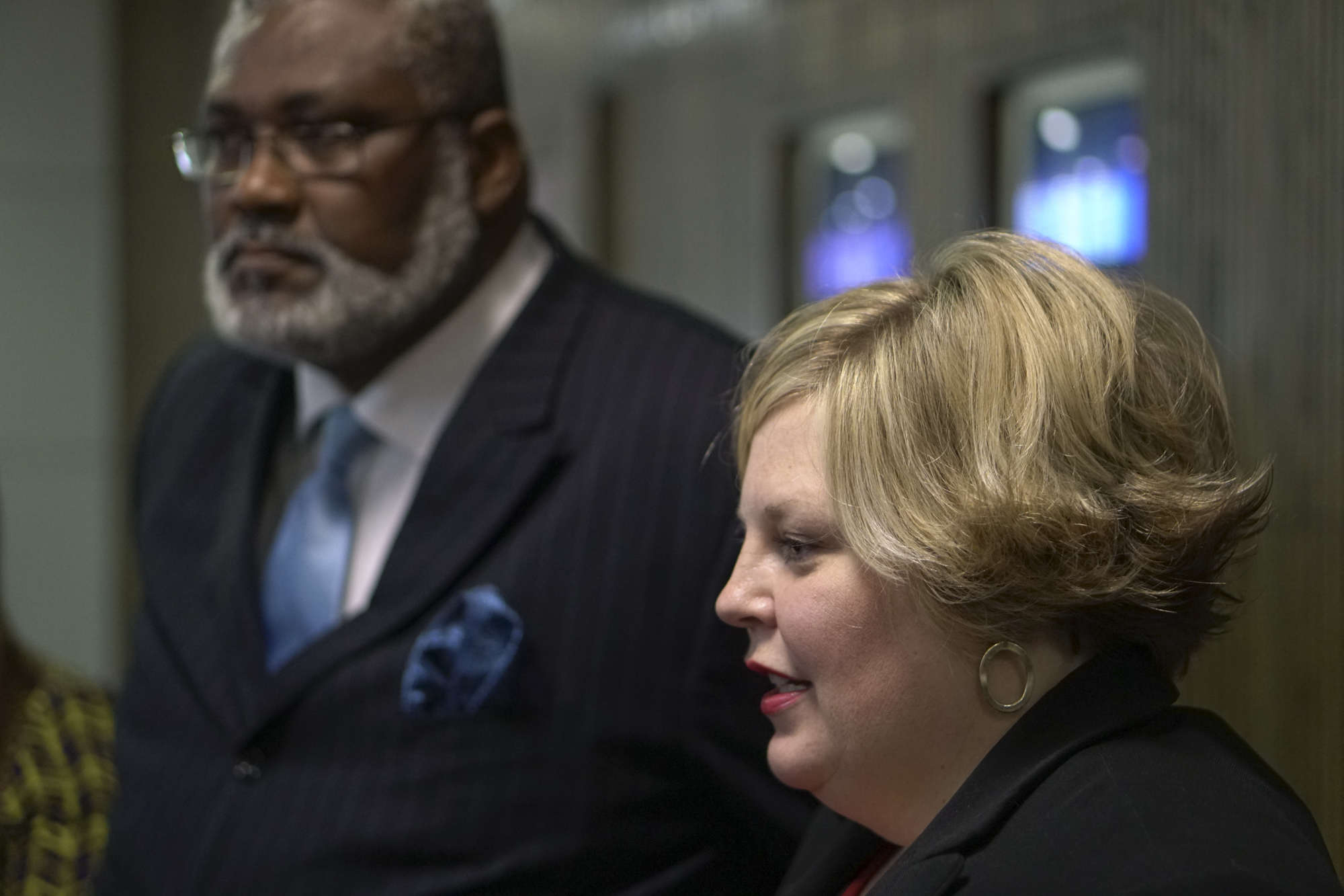 Staff Photo by Dan Henry / The Chattanooga Times Free Press- 11/29/16. Dr. Ronald B. Anderson Sr. stands next to Attorney Amanda Dunn as she speaks on behalf of Johnthony Walker, the bus driver charged in the school bus crash on Talley Road that left six children dead and others injured on November 21, after he made his first appearance in Judge Lila Statom's courtroom on Tuesday, November 29, 2016.