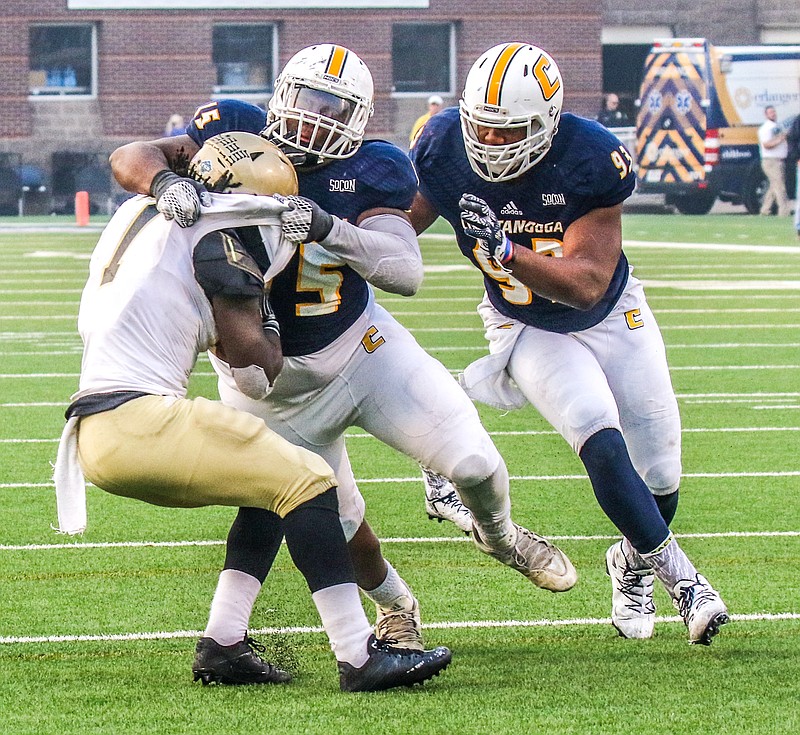 UTC sophomore junior college transfer Derek Mahaffey makes one of his four tackles against Wofford.