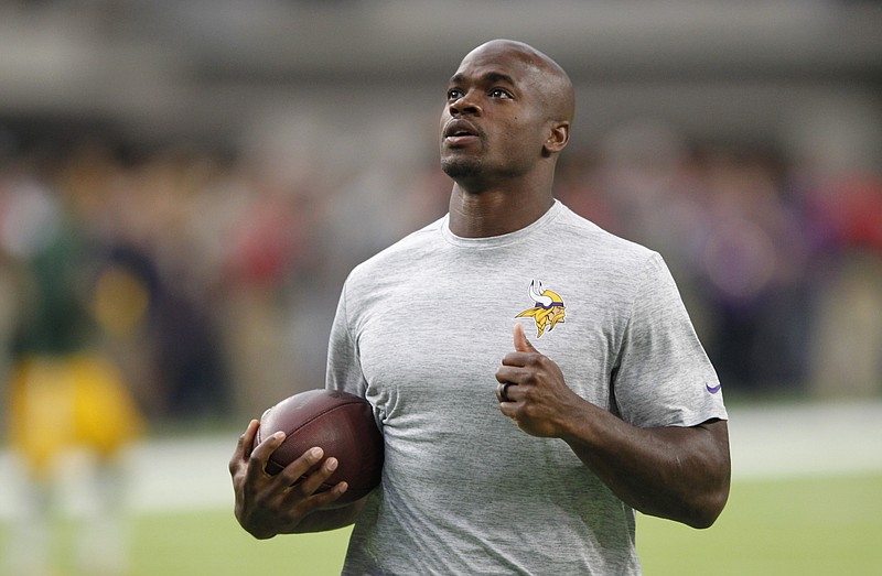 Minnesota Vikings running back Adrian Peterson works on