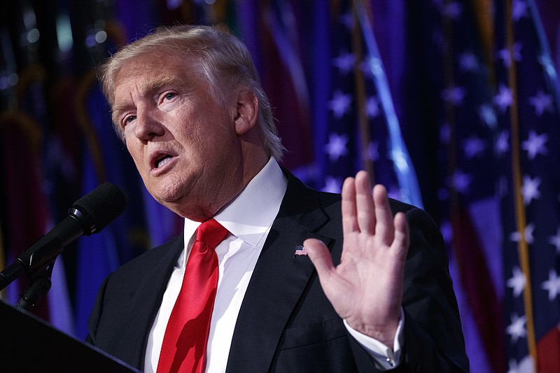 In this Nov. 9, 2016, photo, President-elect Donald Trump speaks during a rally in New York.