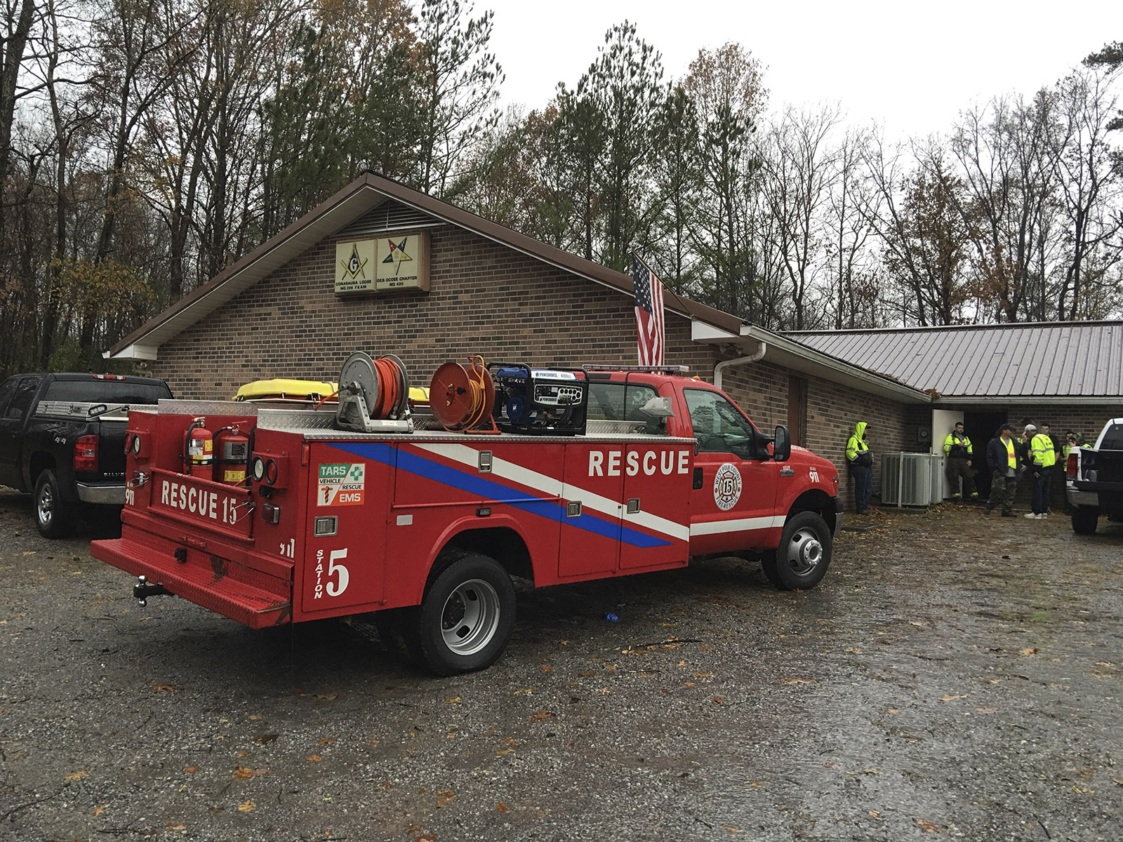 Emergency responder crews gather at the Masonic Lodge on Hwy 411 in Polk County.