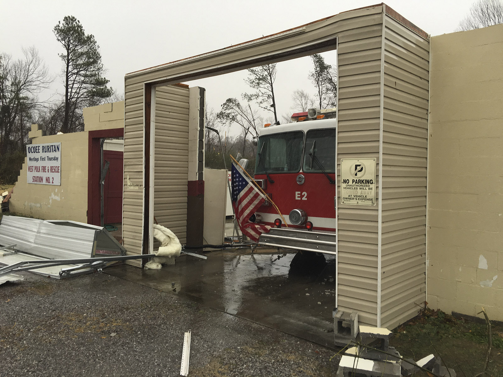 The West Polk Volunteer Fire Hall, located on Hwy 411 south of the Hwy 64 junction, barely has one wall standing after suffering storm damage early this morning.