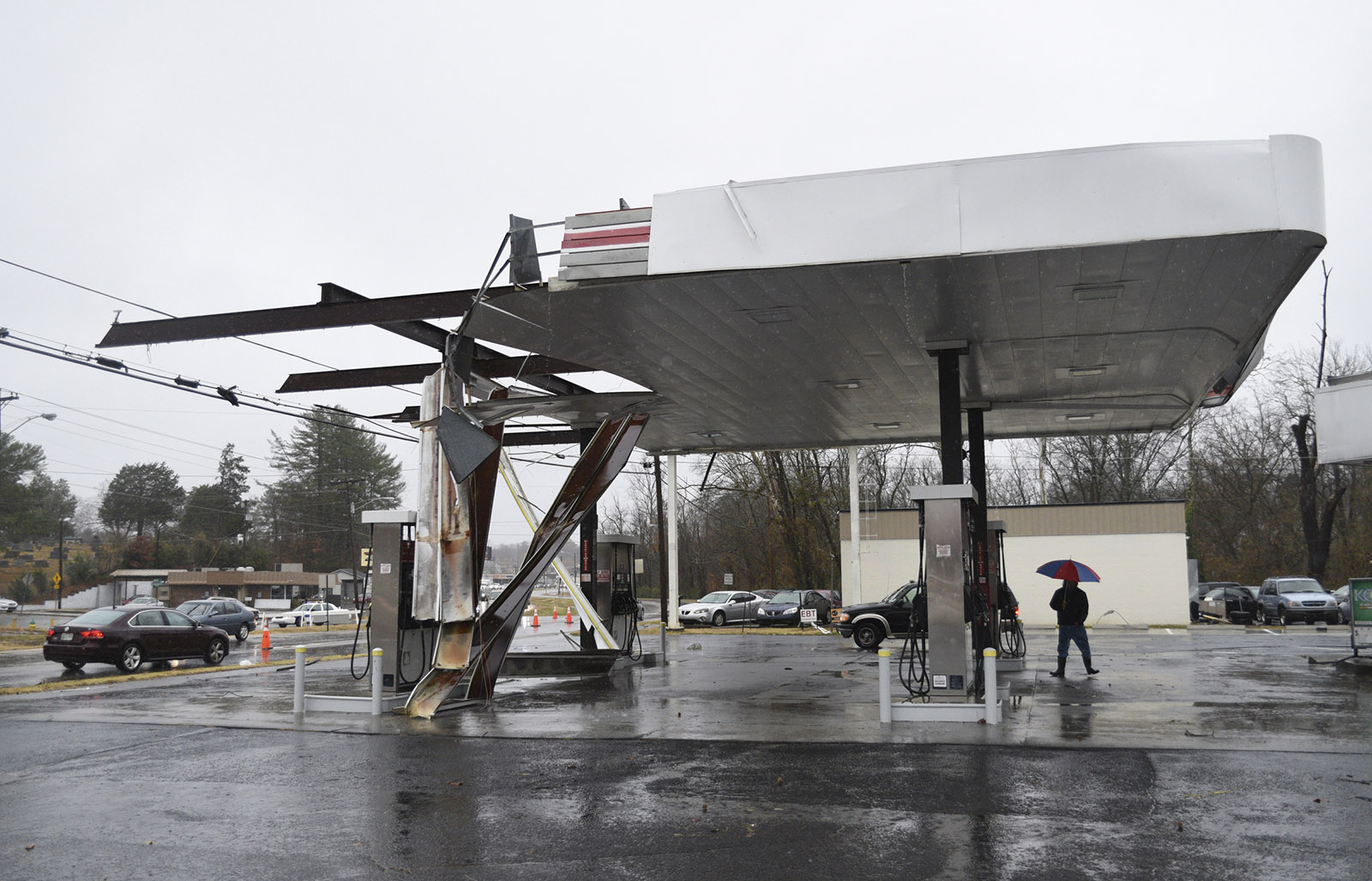 A gas station on South White Street in Athens, Tenn., was damaged when a tornado swept through the area early Wednesday, Nov. 30, 2016.