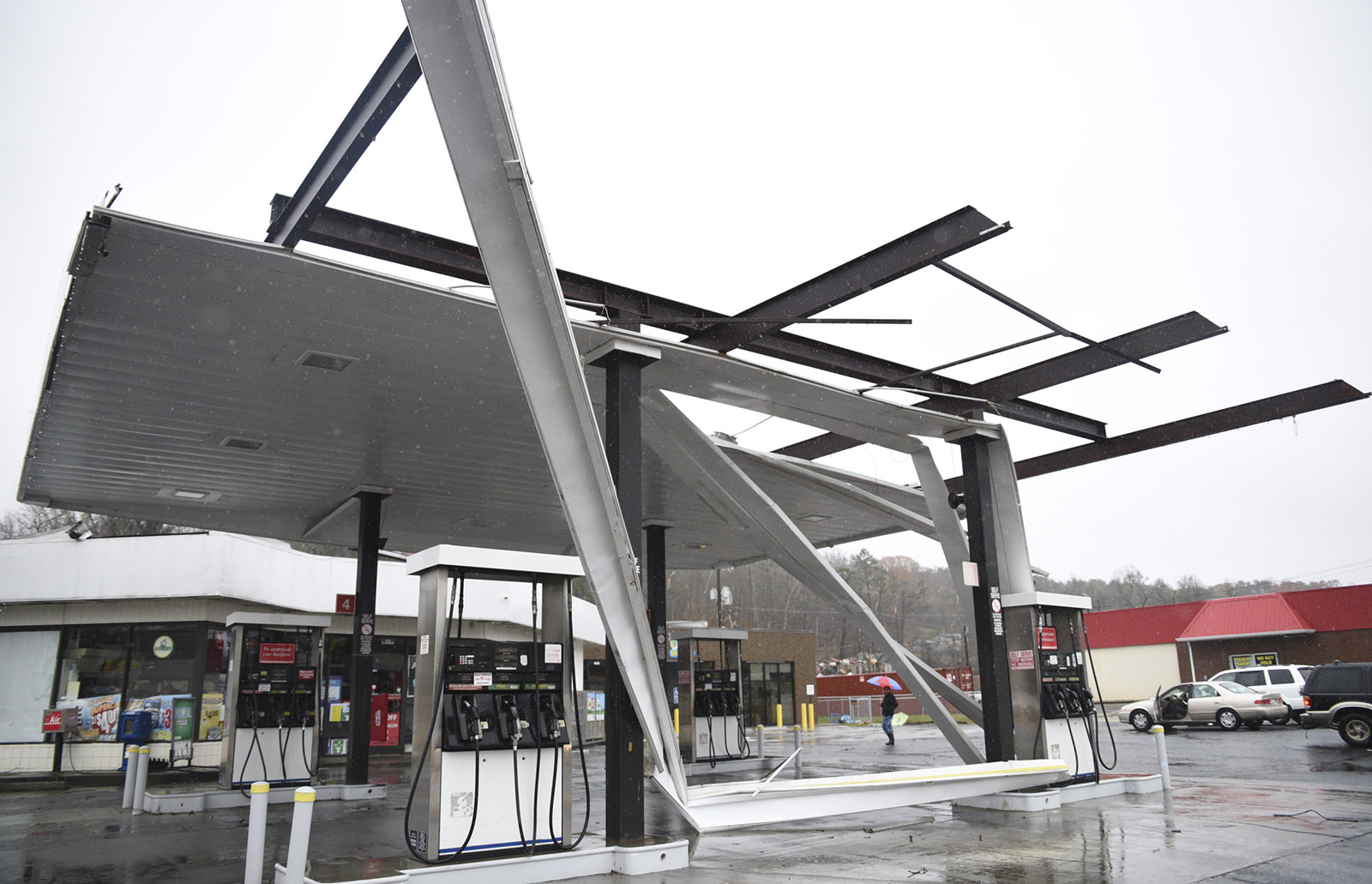 A gas station on South White Street in Athens, Tenn., was damaged when a tornado swept through the area early Wednesday, Nov. 30, 2016.