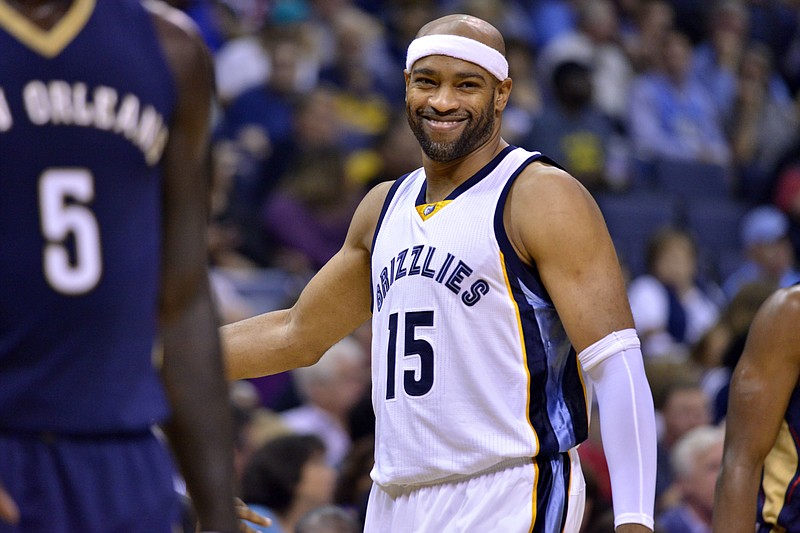 
              FILE - In this Nov. 2, 2016, file photo, Memphis Grizzlies guard Vince Carter (15) reacts in the first half of an NBA basketball game against New Orleans, in Memphis, Tenn. Carter is no longer the NBA's highest flyer, though he's certainly not ready to be grounded. (AP Photo/Brandon Dill, File)
            