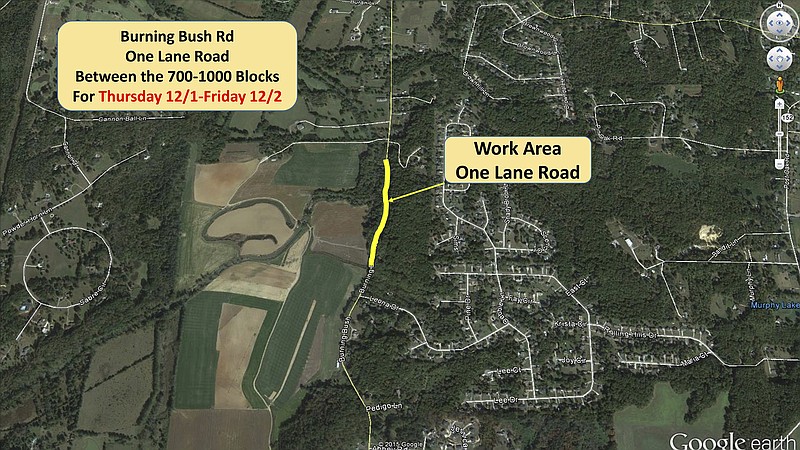 One lane of Burning Bush Road in Catoosa County between the 700 and 1000 blocks will be closed Thursday and Friday, a county news release states.