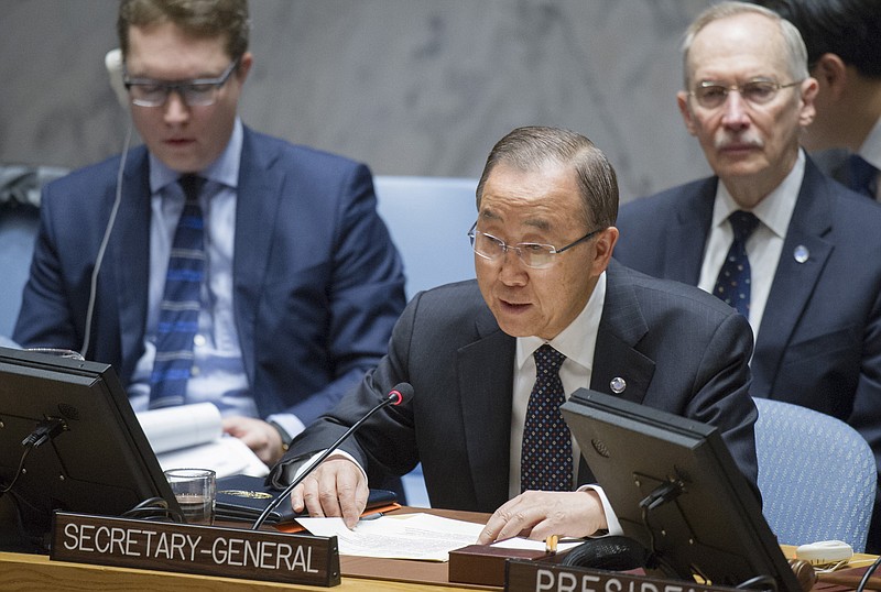 
              In this Wednesday, Nov. 30, 2016 photo provided by the United Nations, U.N. Secretary General Ban Ki-moon speaks during a Security Council meeting at U.N. headquarters. The council voted Wednesday to further tighten sanctions on North Korea in response to their fifth and largest nuclear test yet. "The Security Council has today taken strong action on one of the most enduring and pressing peace and security challenges of our time: the nuclear and ballistic missile activities of the Democratic People's Republic of Korea. I welcome the unanimous adoption of this new resolution," the Secretary General, who is South Korean, said, referring to North Korea by its full name. (Rick Bajornas/United Nations via AP)
            