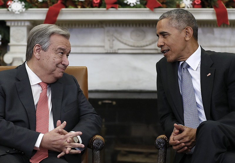 
              President Barack Obama looks to United Nations Secretary-General-designate, Antonio Guterres, as he speaks to media during a meeting in the Oval Office of the White House, in Washington, Friday, Dec. 2, 2016. (AP Photo/Carolyn Kaster)
            