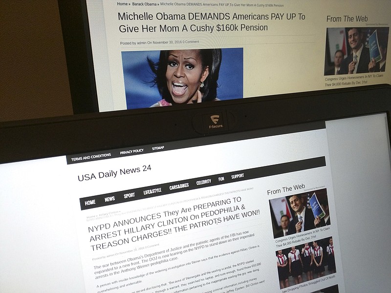 
              This photograph taken in Paris Friday Dec. 2, 2016 shows stories from USA Daily News 24, a fake news site registered in Veles, Macedonia. An Associated Press analysis using web intelligence service  Domain Tools shows that USA Daily News 24 is one of roughly 200 U.S.-oriented sites registered in Veles, which has emerged as the unlikely hub for the distribution of disinformation on Facebook. Both stories shown here are bogus. (AP Photo/Raphael Satter)?
            