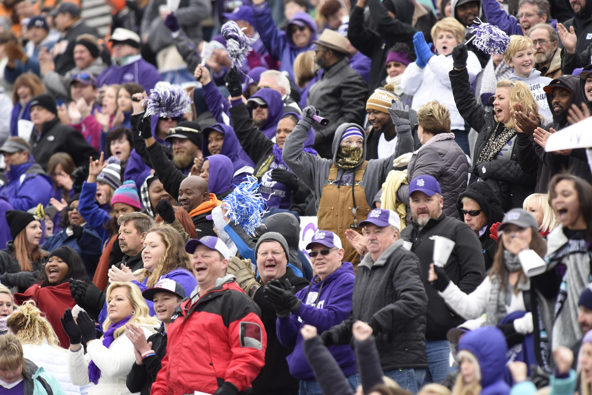 Warrior fans cheer a Hunter Zeman touchdown. The Marion County Warriors faced the Memphis Trezevant Bears in the Class AA TSSAA State Football Championship played in the BlueCross Bowl at Tennessee Tech in Cookeville on December 3, 2016.