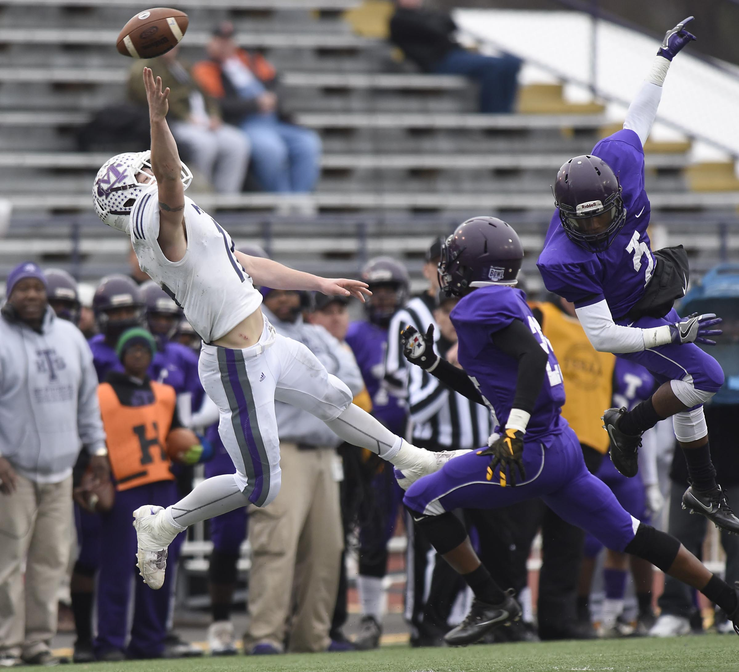 Marion County's Hunter Zeman (11) leaps in vain for a Toney Sampson pass. The Marion County Warriors faced the Memphis Trezevant Bears in the Class AA TSSAA State Football Championship played in the BlueCross Bowl at Tennessee Tech in Cookeville on December 3, 2016.