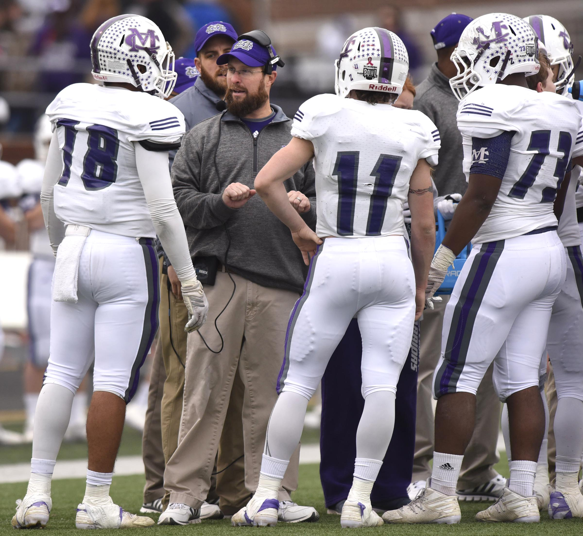 Marion County head coach Joe Mathis talks to his defense. The Marion County Warriors faced the Memphis Trezevant Bears in the Class AA TSSAA State Football Championship played in the BlueCross Bowl at Tennessee Tech in Cookeville on December 3, 2016.