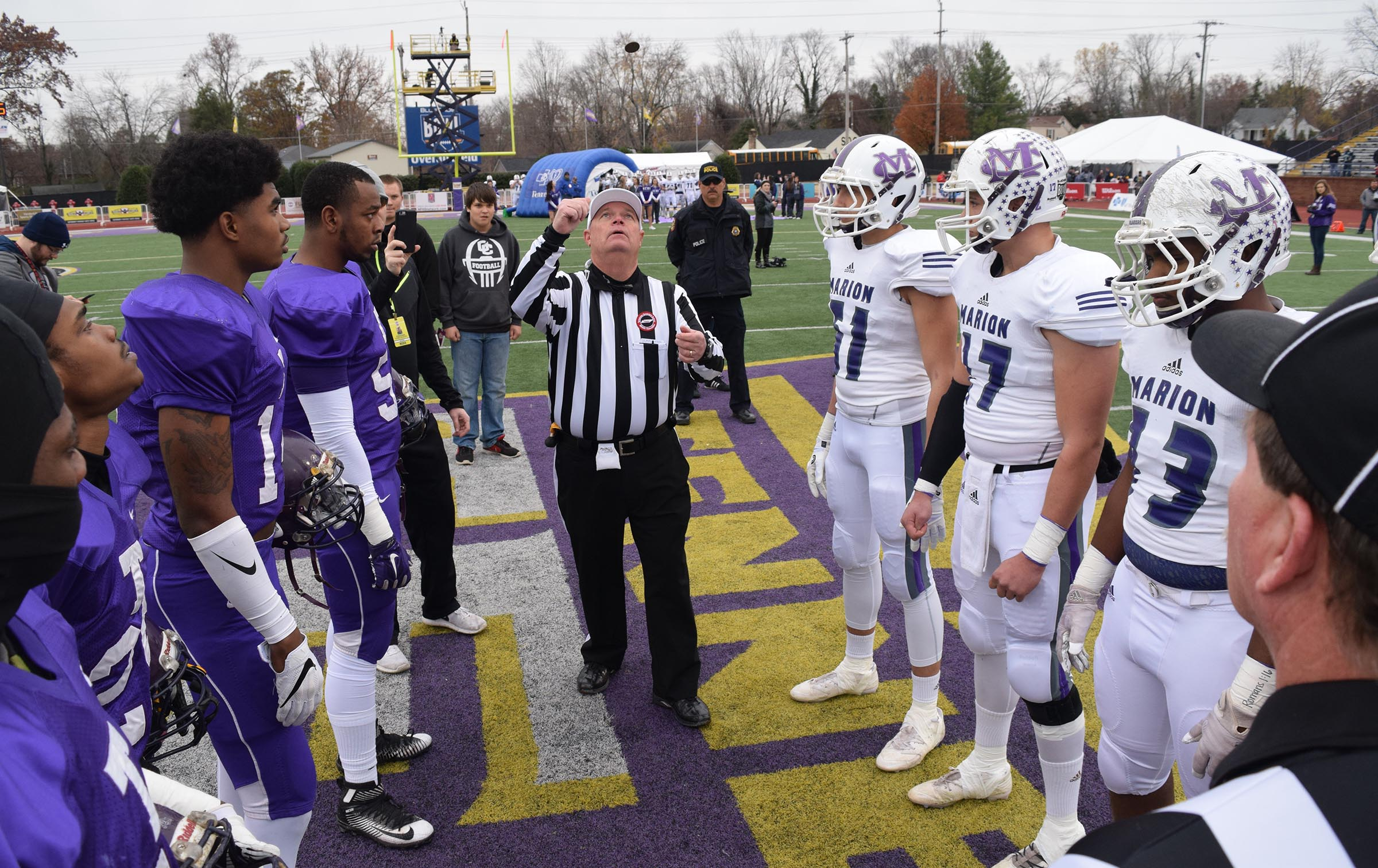 Referee Steven Jackson tosses the coin. The Marion County Warriors faced the Memphis Trezevant Bears in the Class AA TSSAA State Football Championship played in the BlueCross Bowl at Tennessee Tech in Cookeville on December 3, 2016.