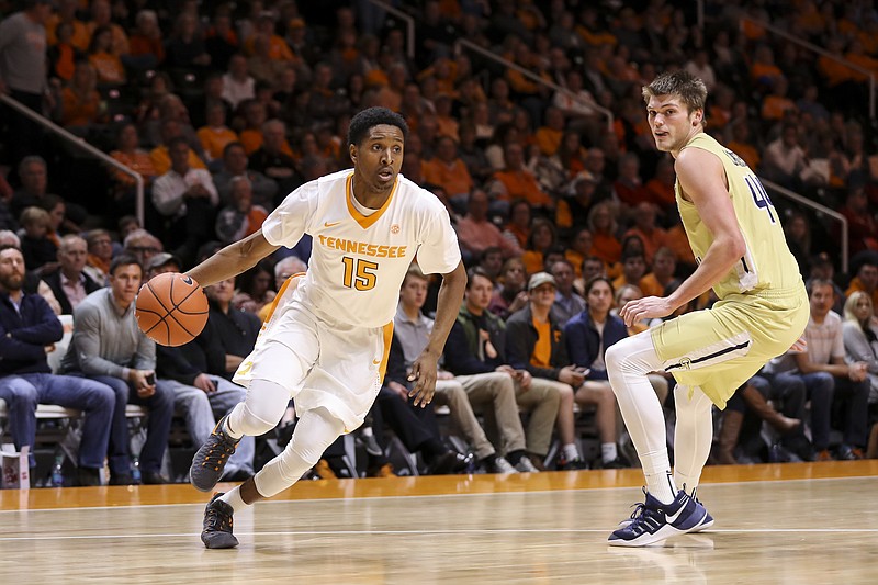 KNOXVILLE, TN - DECEMBER 03, 2016 -  Guard Detrick Mostella #15 of the Tennessee Volunteers during the game between the Georgia Tech Yellow Jackets and the Tennessee Volunteers at Thompson-Boling Arena in Knoxville, TN. Photo By Craig Bisacre/Tennessee Athletics
