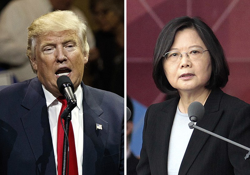 
              FILE - This combination of two photos shows U.S. President-elect Donald Trump, left, speaking during a "USA Thank You" tour event in Cincinatti Thursday, Dec. 1, 2016, and Taiwan's President Tsai Ing-wen, delivering a speech during National Day celebrations in Taipei, Taiwan, Monday, Oct. 10, 2016. Trump spoke Friday, Dec. 2, with Tsai, a move that will be sure to anger China. (AP Photo/Evan Vucci, Chinag Ying-ying, File)
            