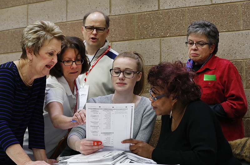 
              A challenge is reviewed on a ballot during a statewide presidential election recount in Waterford Township, Mich., Monday, Dec. 5, 2016. The recount comes at the request of Green Party candidate Jill Stein who also requested recounts in Pennsylvania and Wisconsin. (AP Photo/Paul Sancya)
            