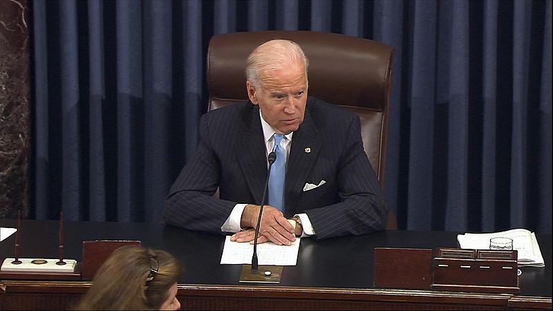 
              In this image from video from Senate Television, Vice President Joe Biden presides over the Senate at the U.S. Capitol in Washington, Monday, Dec. 5, 2016. A bipartisan bill to speed government drug approvals and bolster biomedical research cleared its last procedural hurdle in the Senate on Monday in an emotional moment for Biden. The overwhelming 85-13 vote put the measure on track for final legislative approval by the Senate as early as Tuesday. (Senate TV via AP)
            