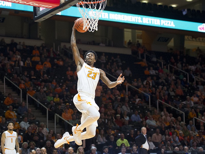 Tennessee's Jordan Bowden scores against Presbyterian at Tennessee beats Presbyterian 90-50. during an NCAA college basketball game in Knoxville, Tenn., on Tuesday, Dec. 6, 2016. (Saul Young/Knoxville News Sentinel via AP)