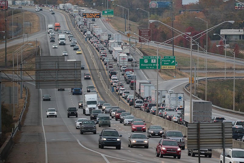 Heavy traffic on I-24 crawls past Chattanooga as people travel home from the Thanksgiving holiday weekend on Sunday, Nov. 27, 2016.