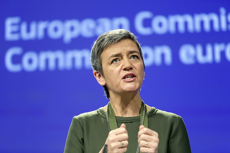 
              European Commissioner for Competition Margrethe Vestager speaks during a media conference at EU headquarters in Brussels on Wednesday, Dec. 7, 2016. European Union regulators on Wednesday fined banks JPMorgan Chase, HSBC and Credit Agricole a combined $520 million for colluding to manipulate the price of financial products linked to interest rates. (AP Photo/Thierry Monasse)
            