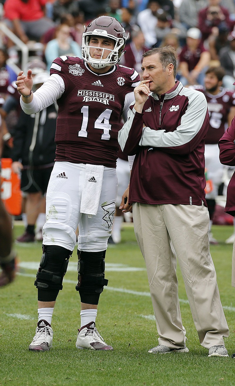 Quarterback Nick Tiano, shown here with coach Dan Mullen during Mississippi State's spring game earlier this year, announced this week that he is transferring to UTC for his final three seasons of eligibility.