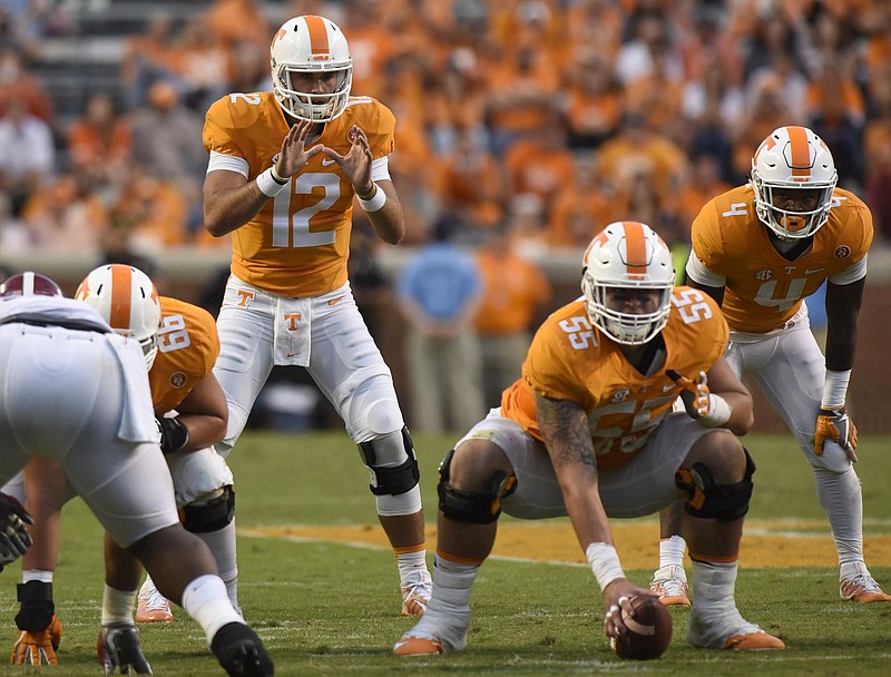 Quinten Dormady (12) played quarterback for Tennessee late in the game.  The top-ranked University of Alabama Crimson Tide visited the University of Tennessee Volunteers in SEC football action on October 15, 2016