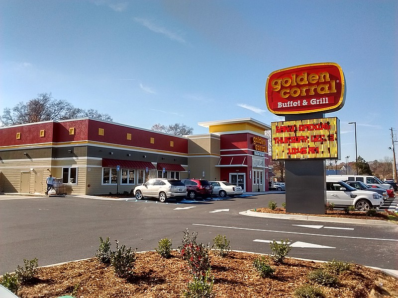 A digital sign in front of the Golden Corral at 760 Battlefield Parkway in Fort Oglethorpe advertises today's grand opening.