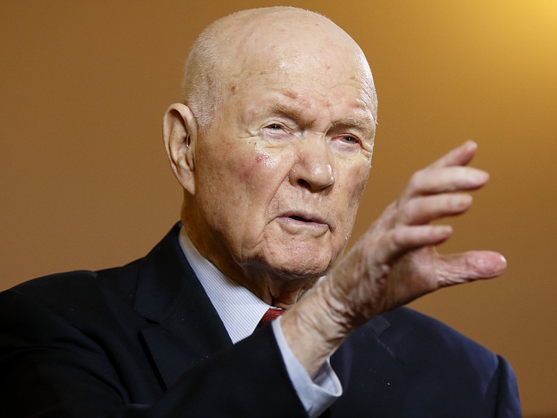 
              FILE - In this Thursday, May 14, 2015, file photo, former U.S. senator and astronaut John Glenn speaks during an exclusive interview with The Associated Press at the Ohio Statehouse, in Columbus, Ohio. On Wednesday, Dec. 7, 2016, an Ohio State University official said Glenn has been hospitalized for more than a week. (AP Photo/Paul Vernon, File)
            